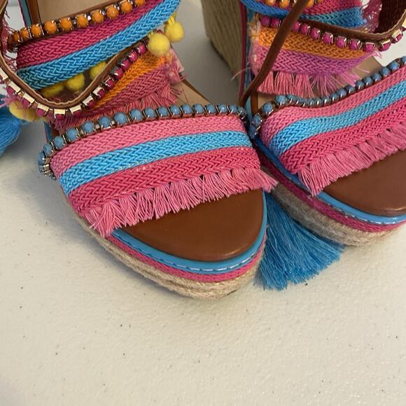 Y2K 2000s Mark Wedges Women 9 Boho Colorful 6.75” Heels Ankle Strap Rhinestone - Picture 4 of 9